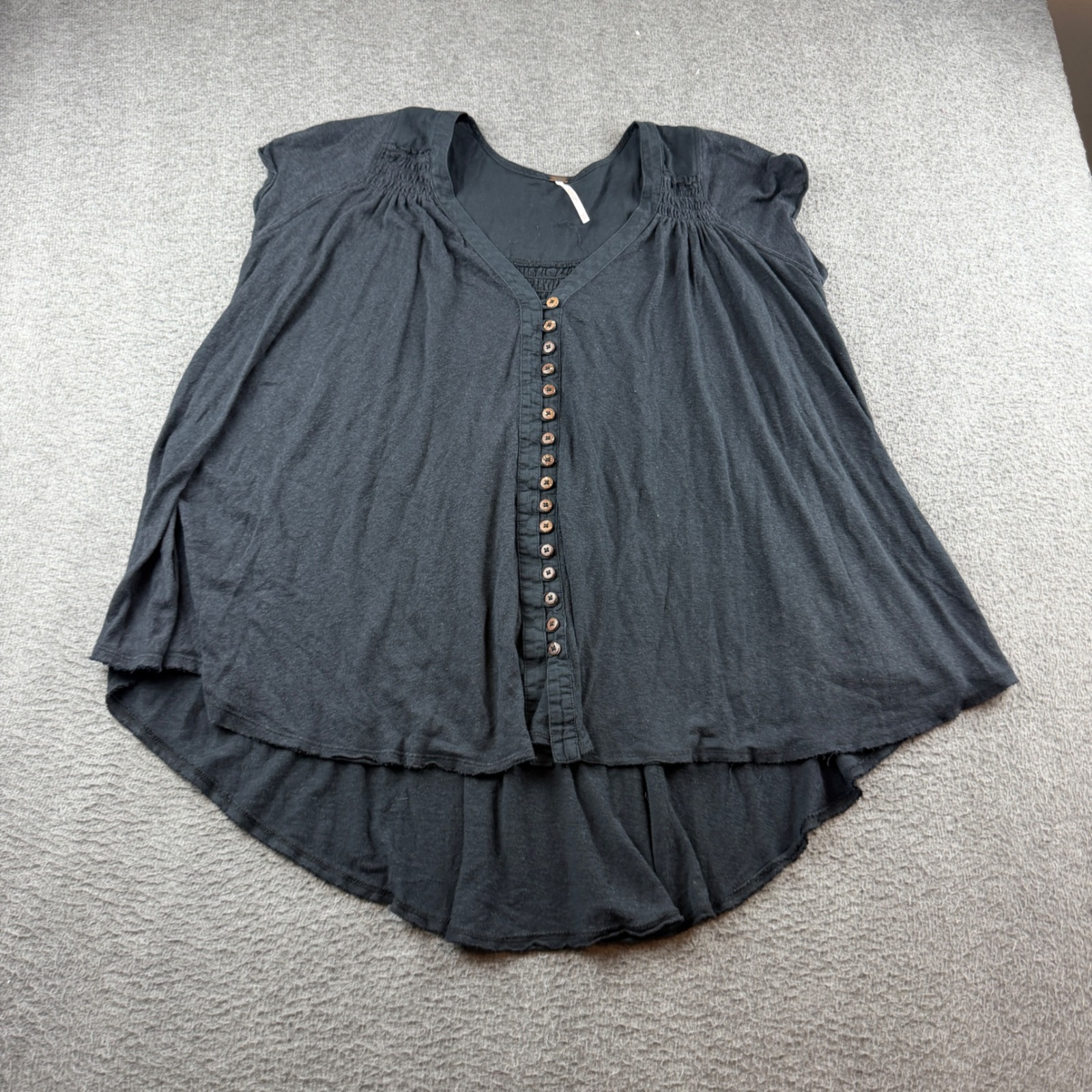 Free People Button Front Top Womens Xs Black Linen Blend High Low Smocked Blouse